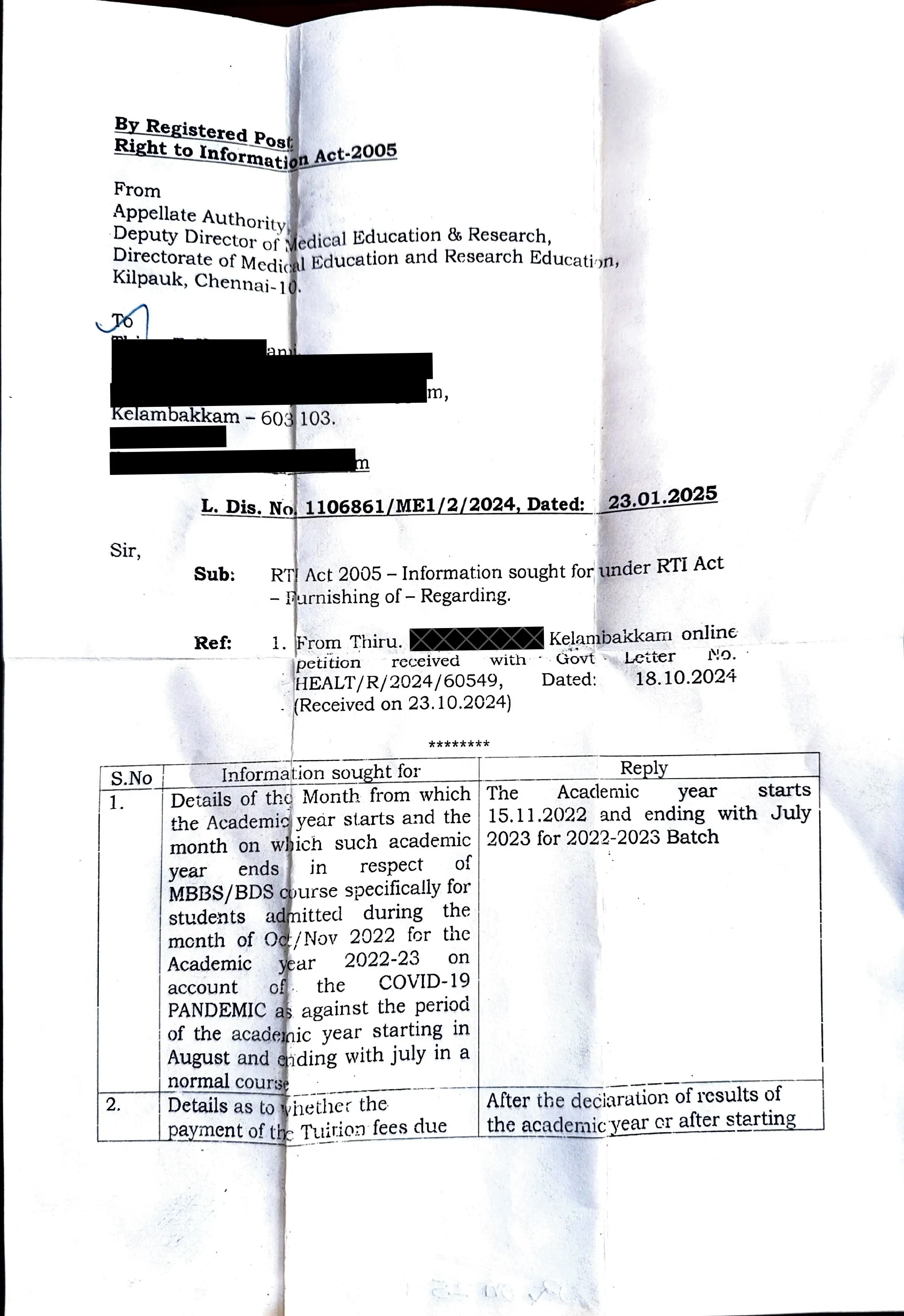 RTI Response Page 1 - DME Fee Payment Policy